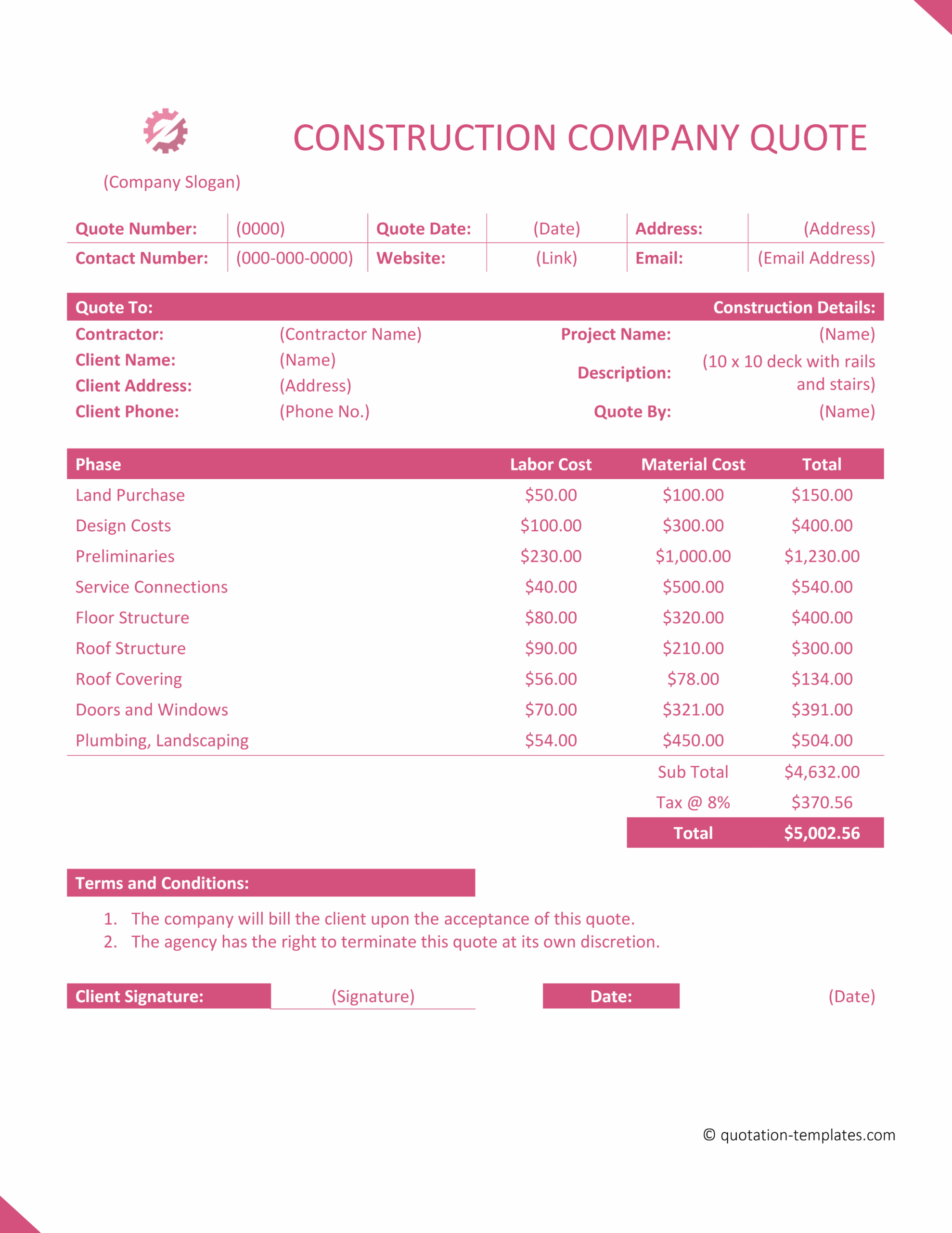 Construction Company Quote Template - PNK