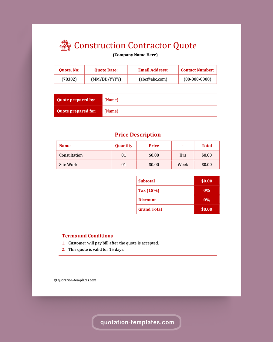 Construction Contractor Quote Template - MS Word