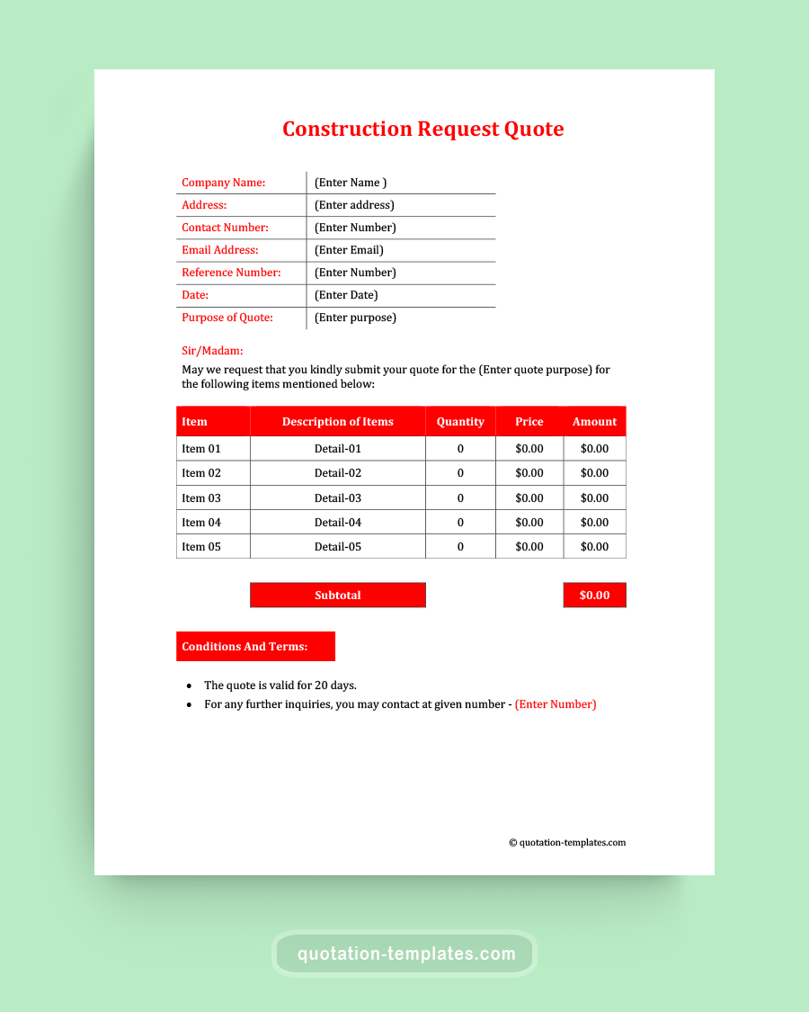 Construction Request Quote Template - MS Word