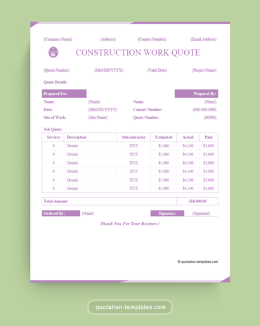 Construction Work Quote Template - MSWord