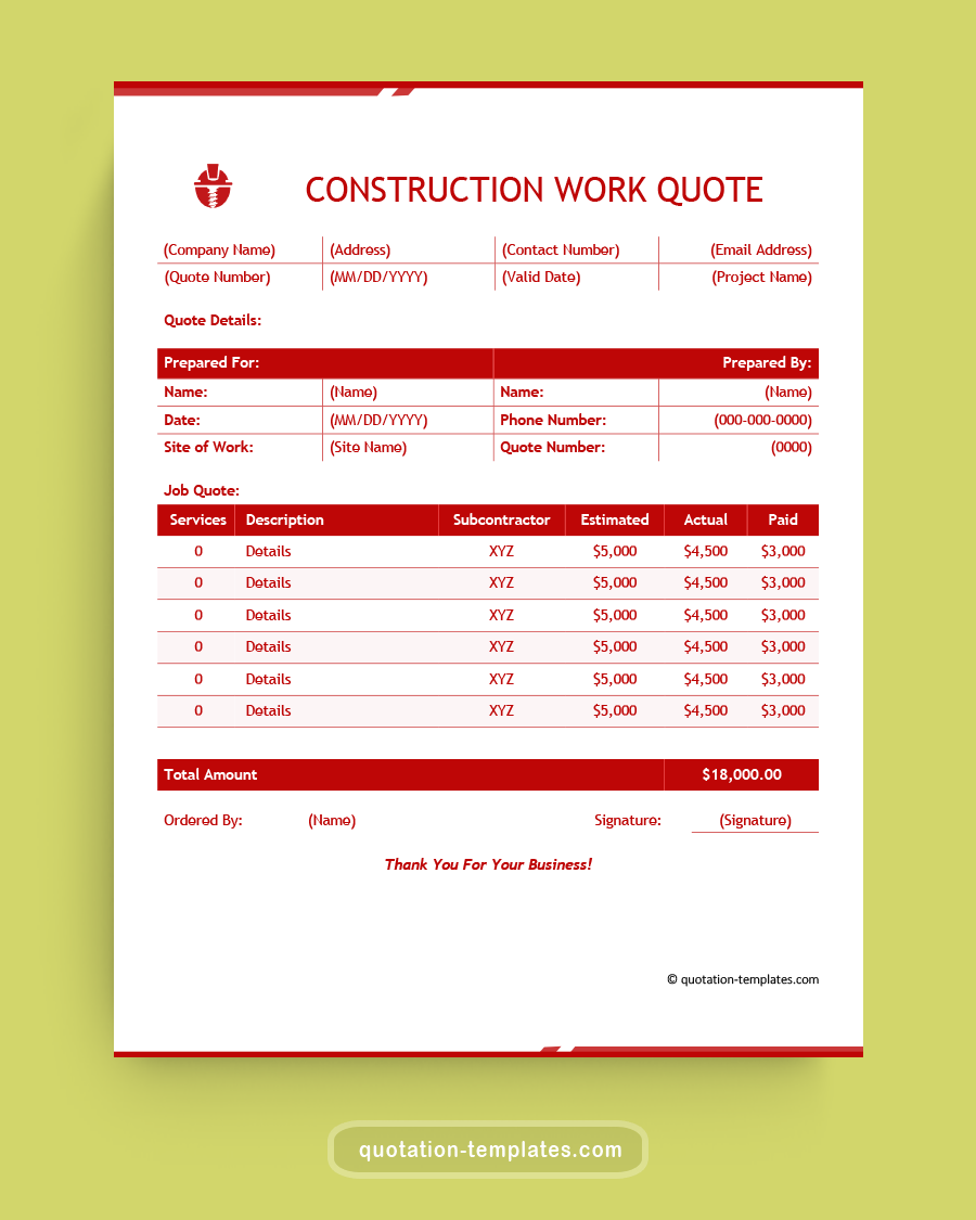 Construction Work Quote Template - MSWord