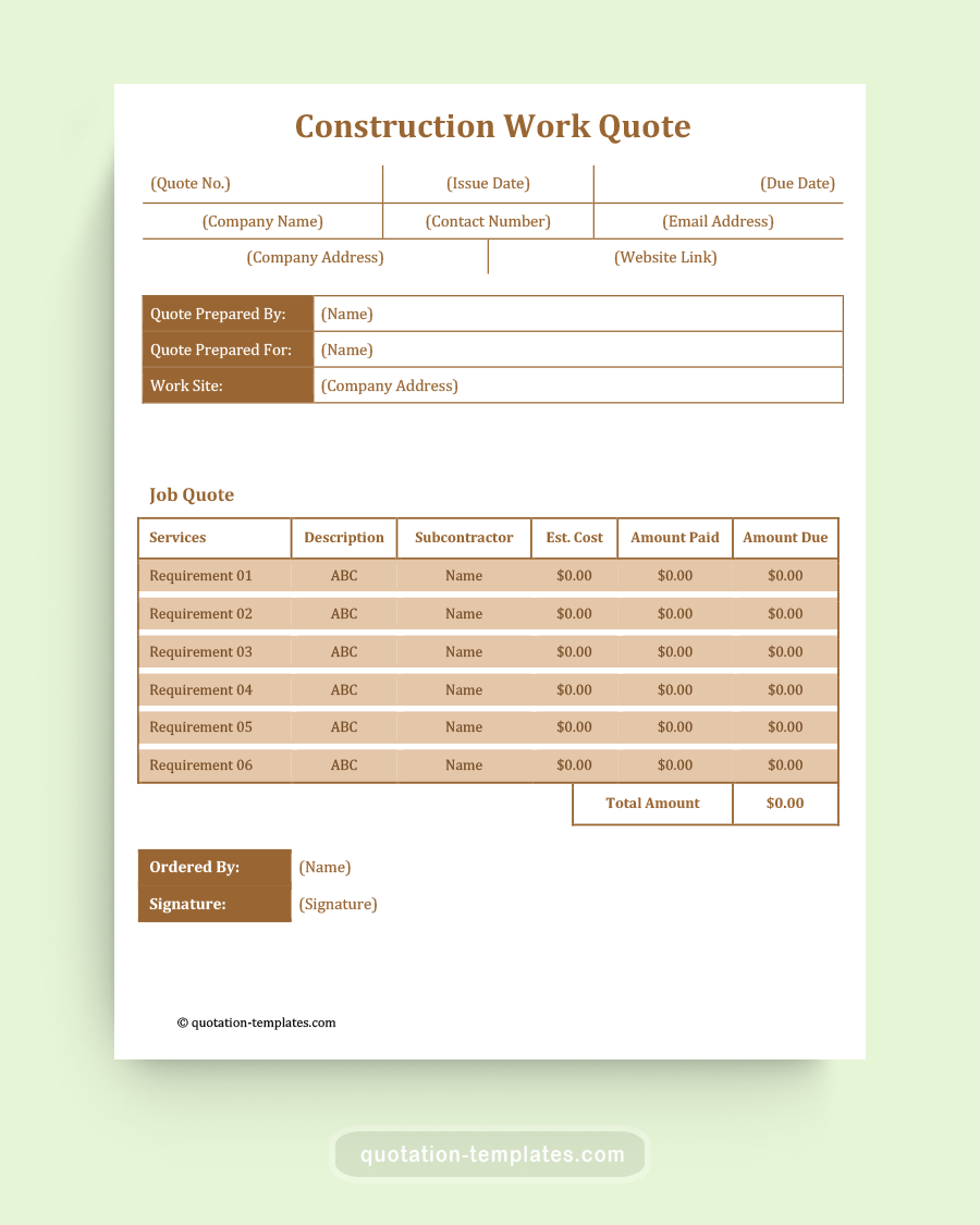 Construction Work Quote Template - MS Word