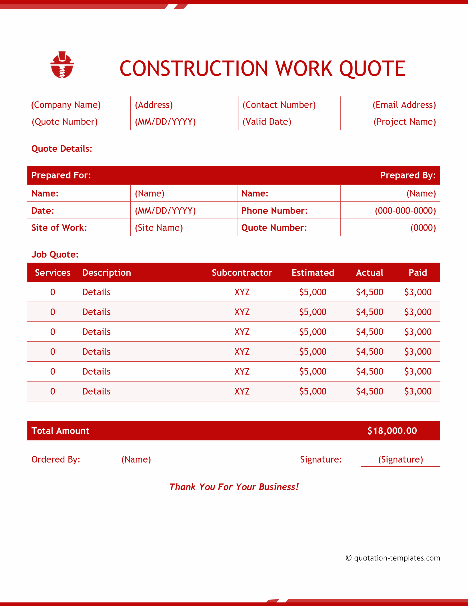 Construction Work Quote Template - RED