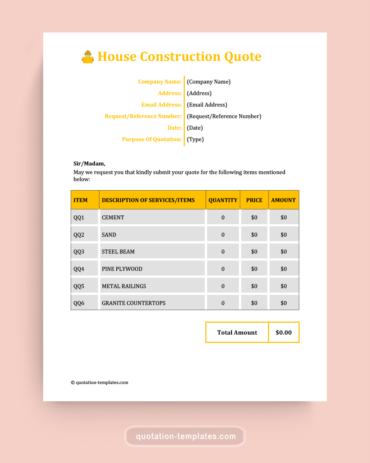Construction House Quote - MS Word