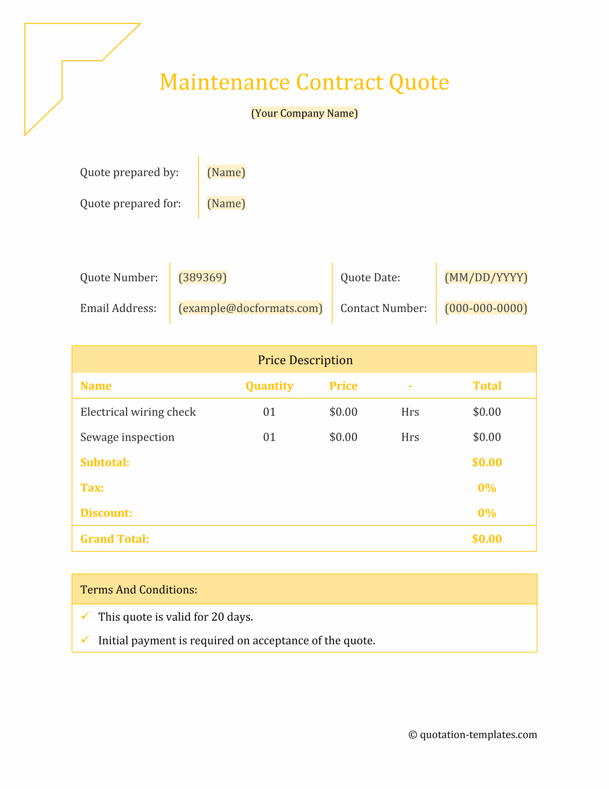 Maintenance Contract Quote - YLW