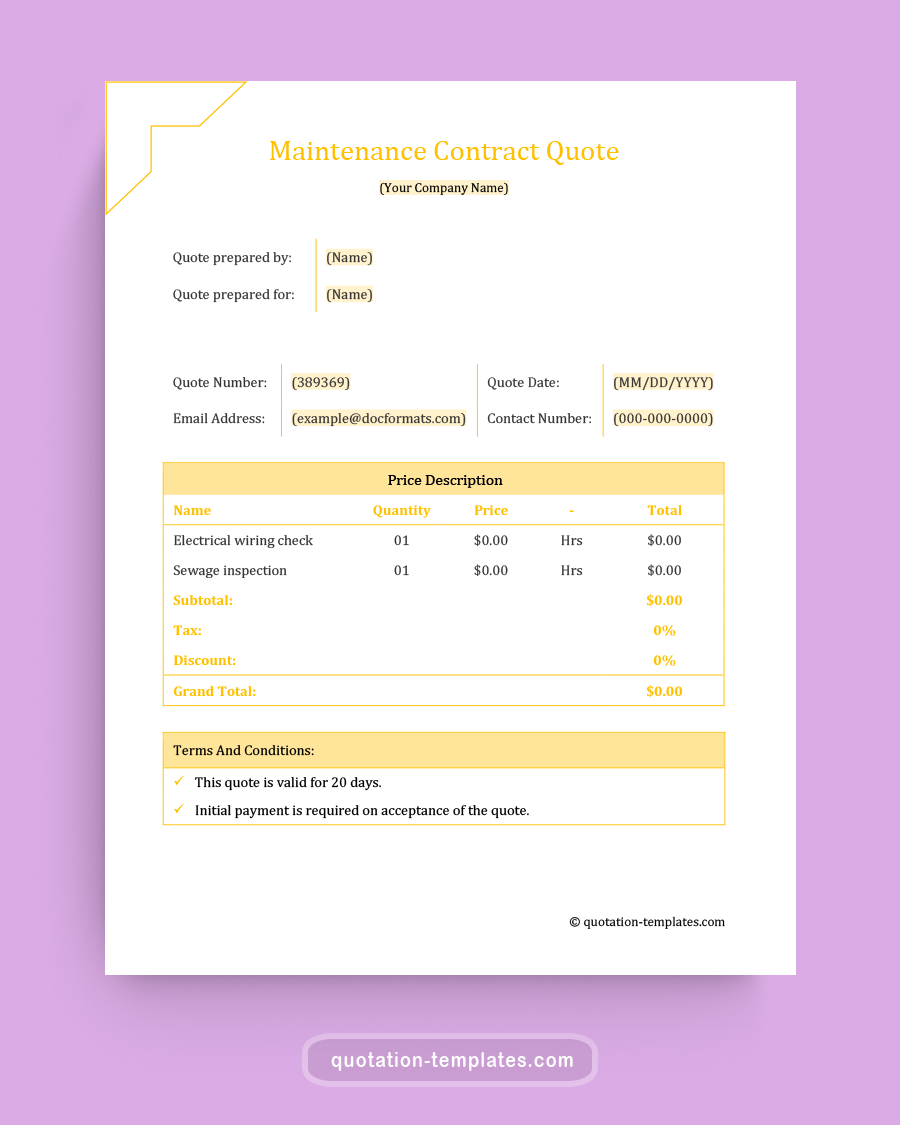 Maintenance Contract Quote Template - MSWord