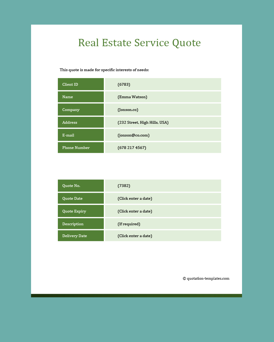 Real Estate Service Quote Template - MS Word