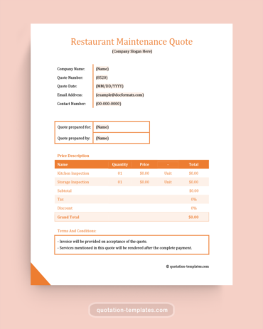 Restaurant Maintenance Quote Template - MSWord