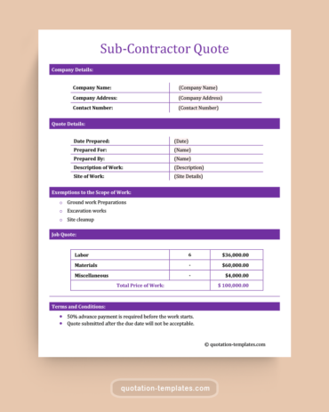 Sub-Contractor Quote Template - MSWord
