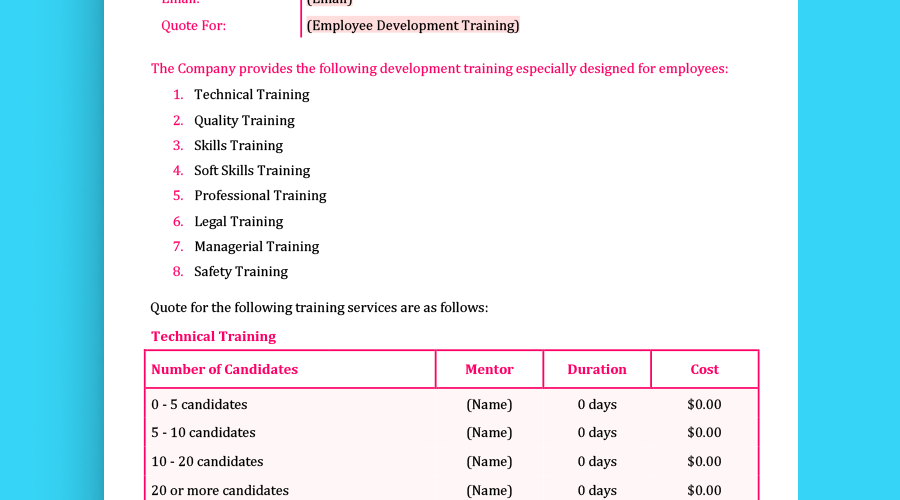 Training Service Quote Template- MSWord