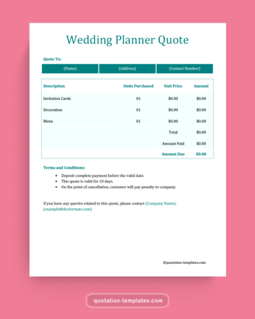 Wedding Planner Quote Template - MSWord
