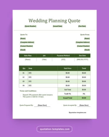 Wedding Planning Quote Template - MSWord