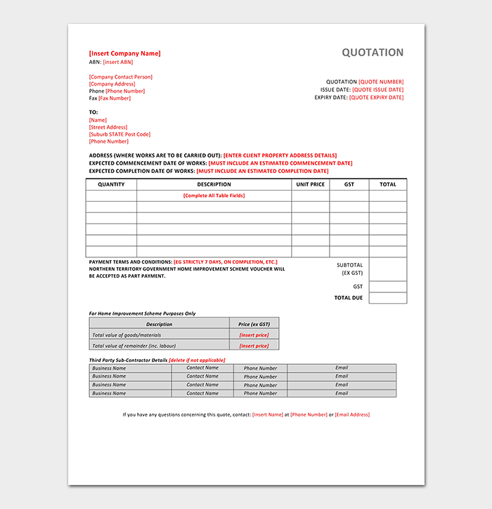 Construction Quotation Template 20+ (for Word, Excel, PDF)